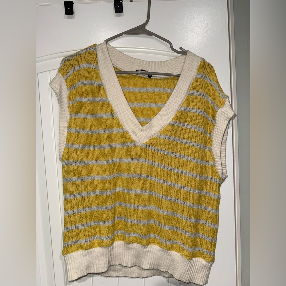 Zara Yellow and Gray Striped V-Neck Sweater
